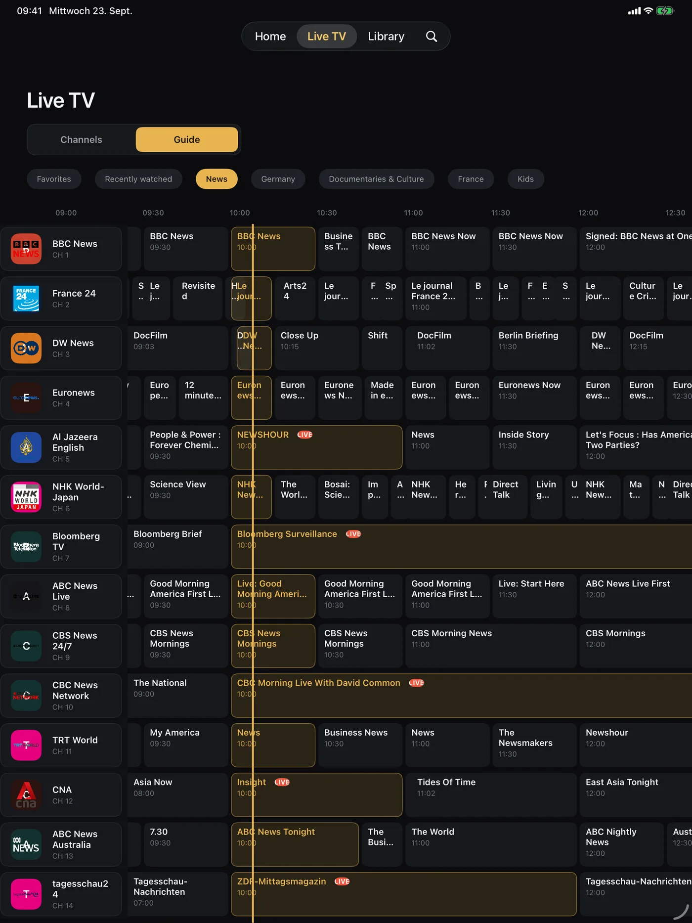 The programme guide on iPad