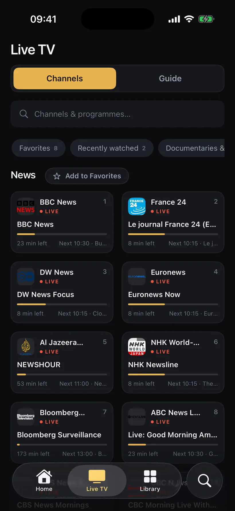 A channel group on iPhone with what is on now and next