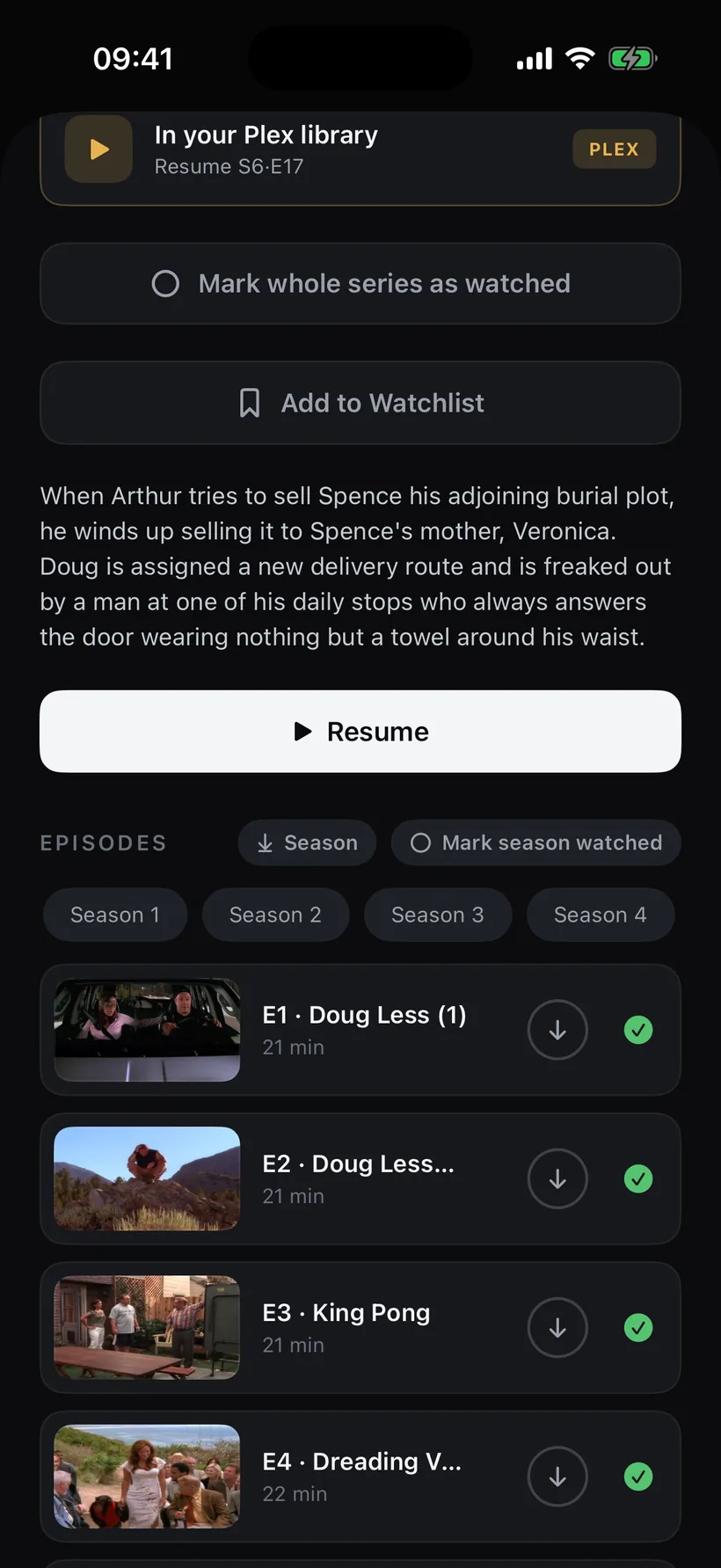 A series page on iPhone with the episode list and download buttons