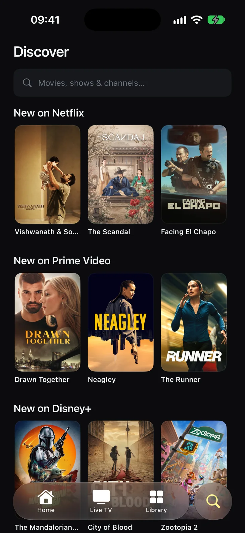 The Discover screen on iPhone with New on Netflix, Prime Video and Disney+ rails